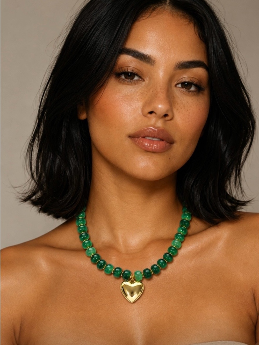Green Beaded Heart Pendant Necklace - Gold Accent